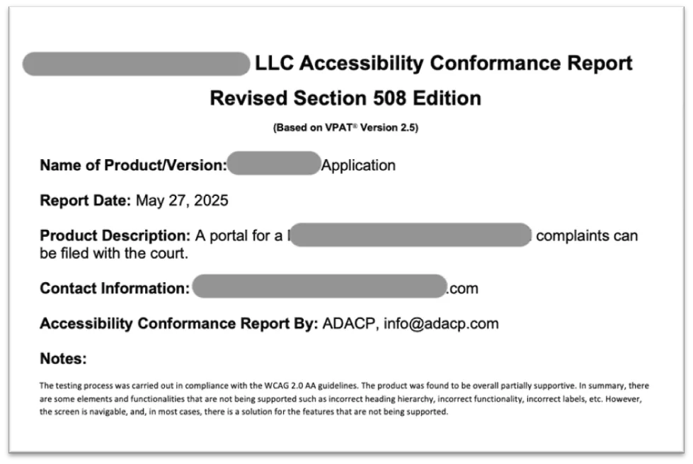 Cover page of an Accessibility Conformance Report by ADACP, Revised Section 508 Edition based on VPAT 2.5