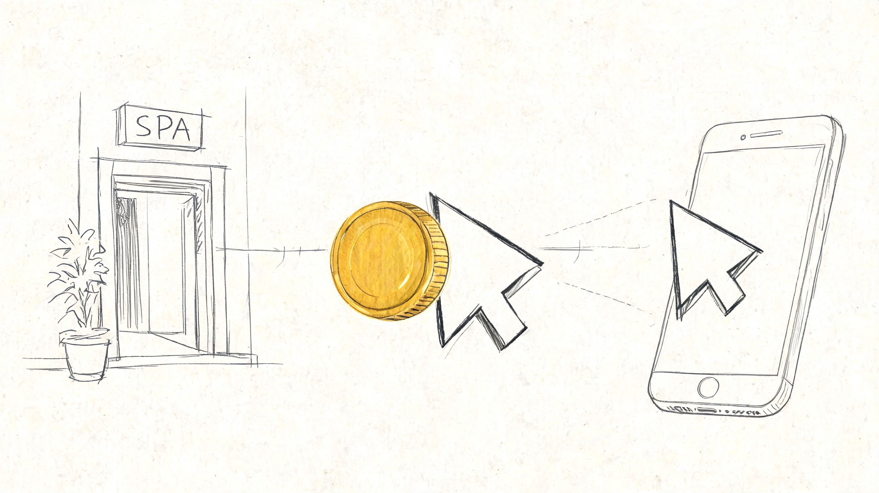 A hand-drawn illustration showing a spa storefront, a gold coin, and a smartphone with a cursor.
