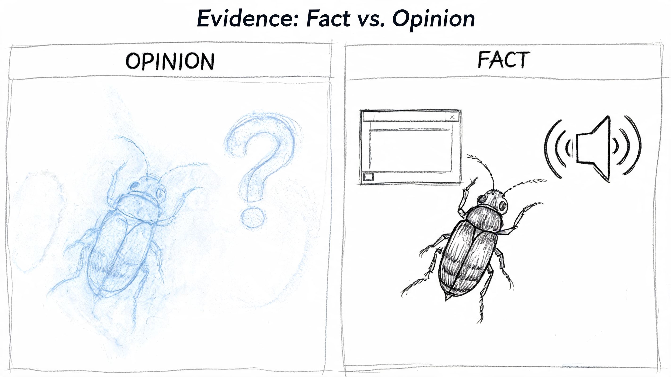 A diagram comparing a blurry, questionable bug drawing labeled opinion versus a clear, documented bug report fact.
