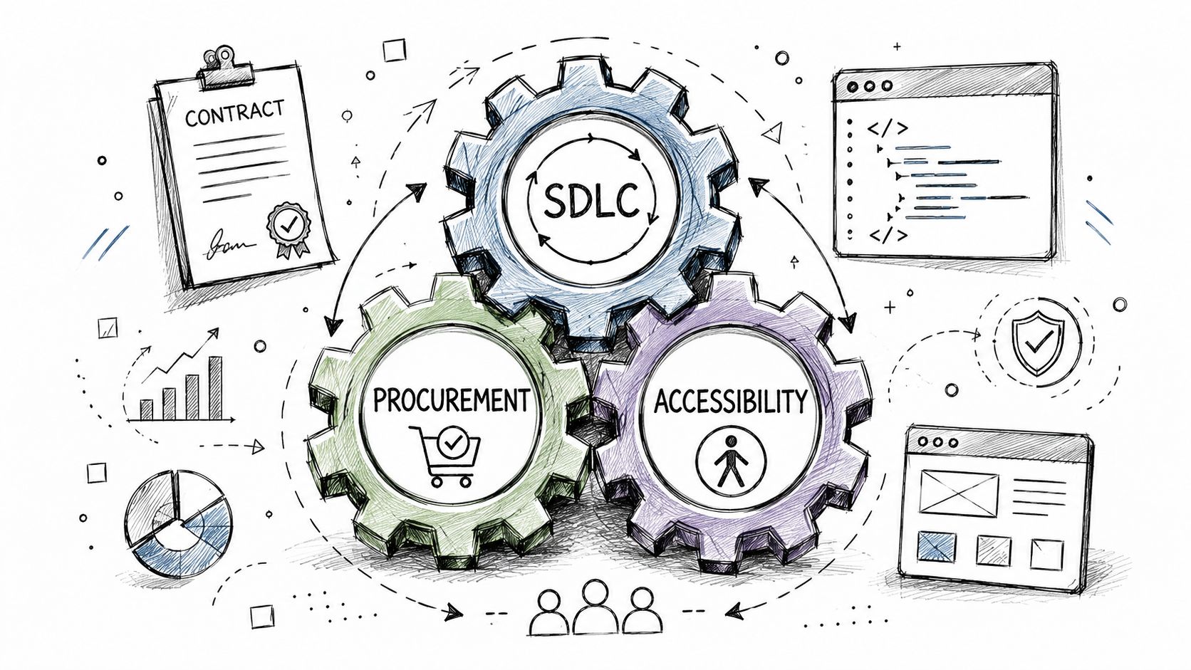 A diagram with three interconnected gears representing SDLC, procurement, and digital accessibility, symbolizing a integrated software process.