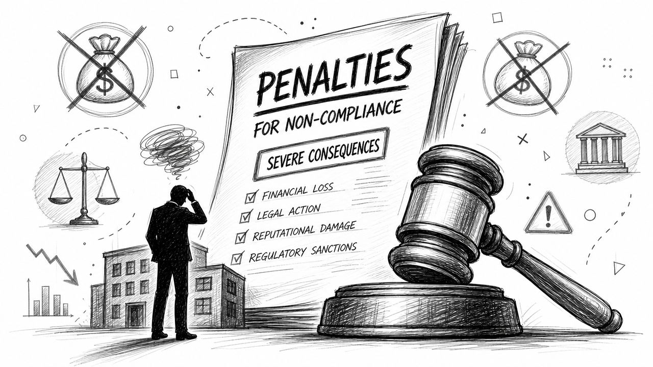 A professional illustration of a worried businessman standing before a legal document listing severe compliance penalties.