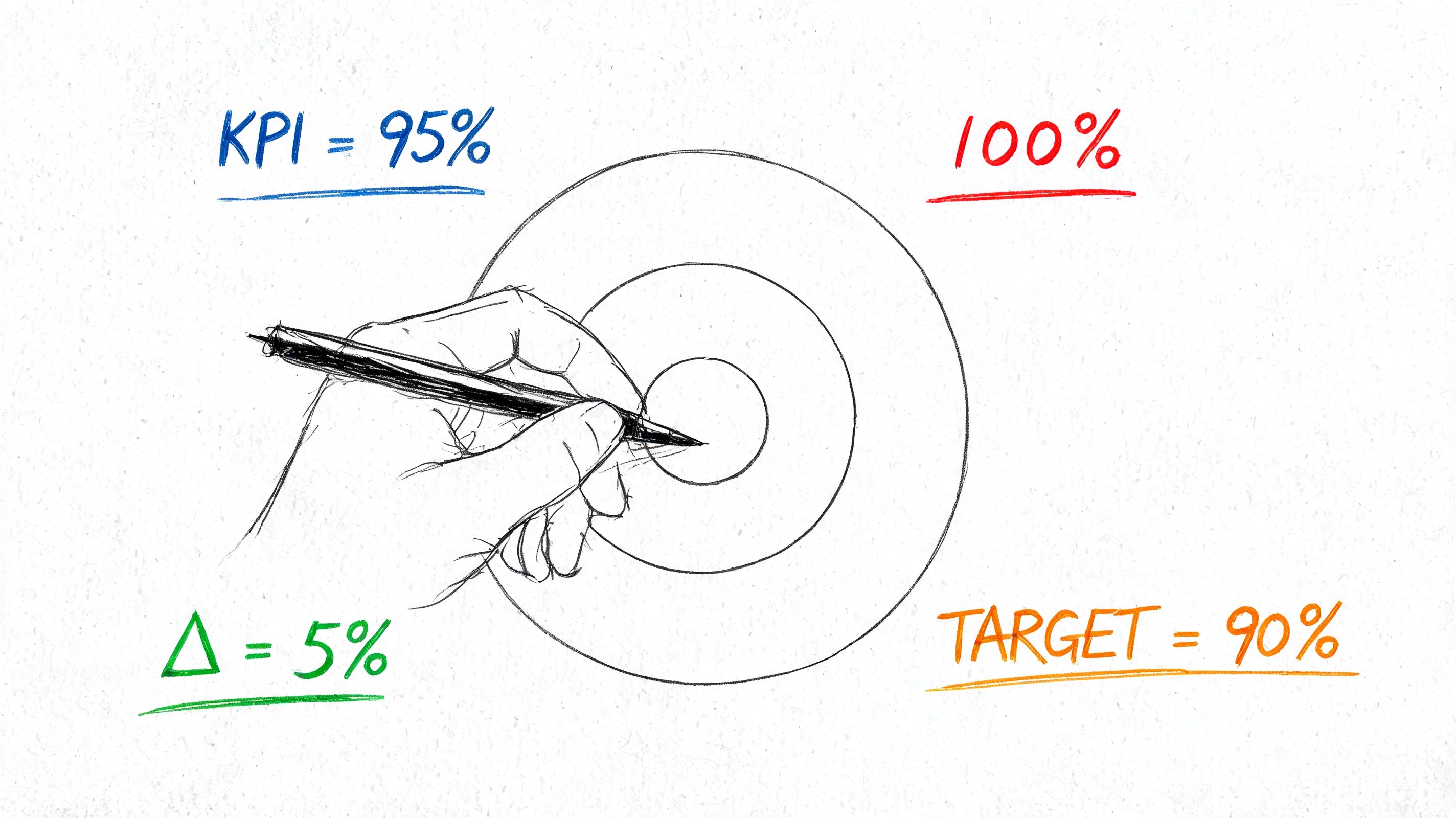 A hand drawing a target with a pen, surrounded by various percentage metrics and business indicators.