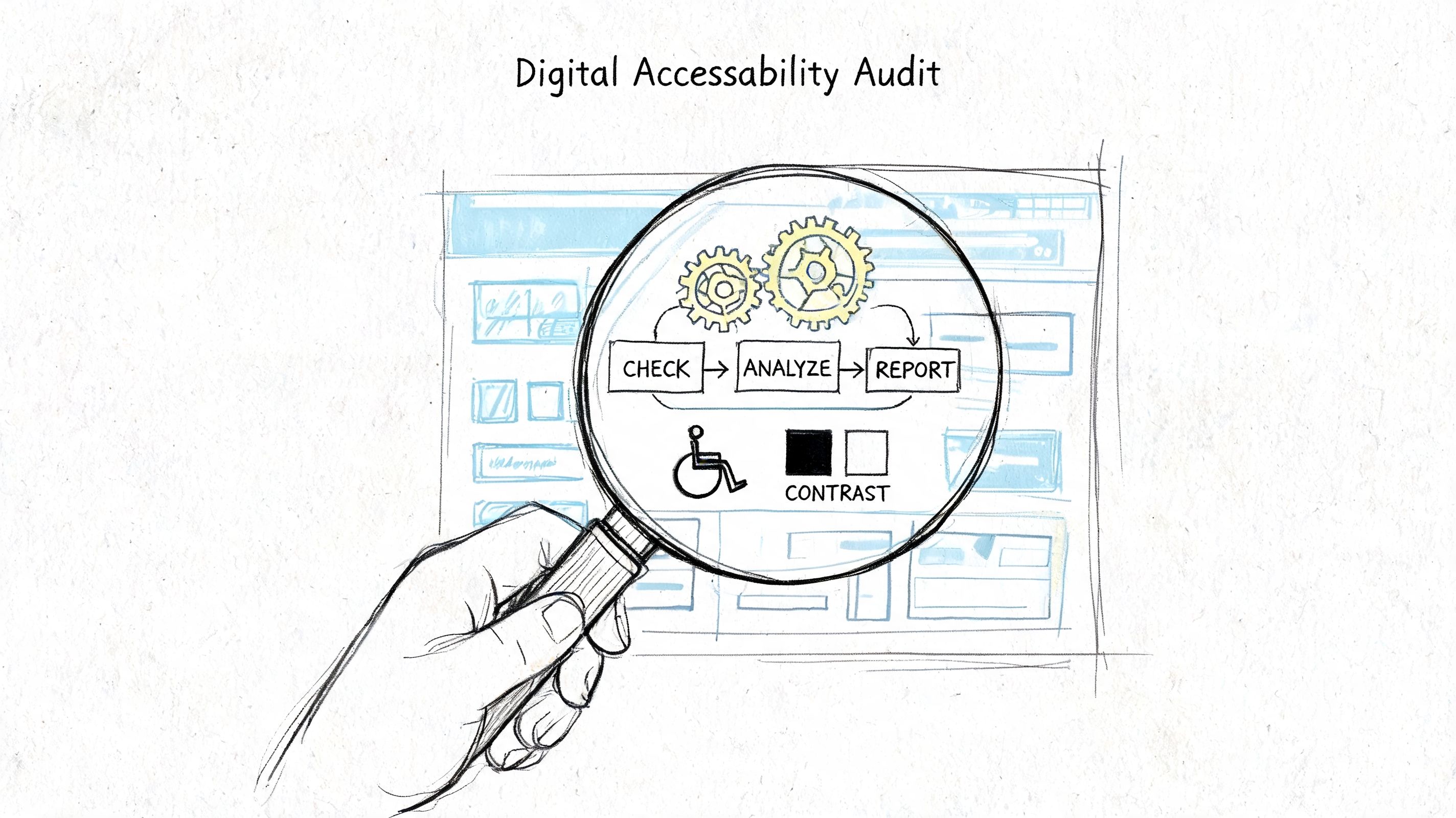 A hand holding a magnifying glass over a diagram showing a digital accessibility audit process.