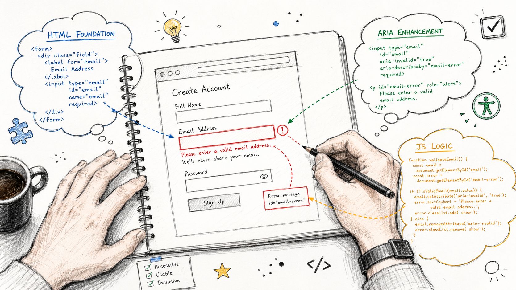 A hand-drawn illustration showing the development of an accessible error message for a web account sign-up form.