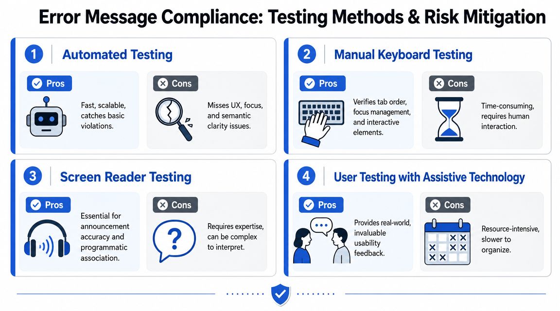 An infographic showing four testing methods for accessible error messages including automated, keyboard, screen reader, and user testing.
