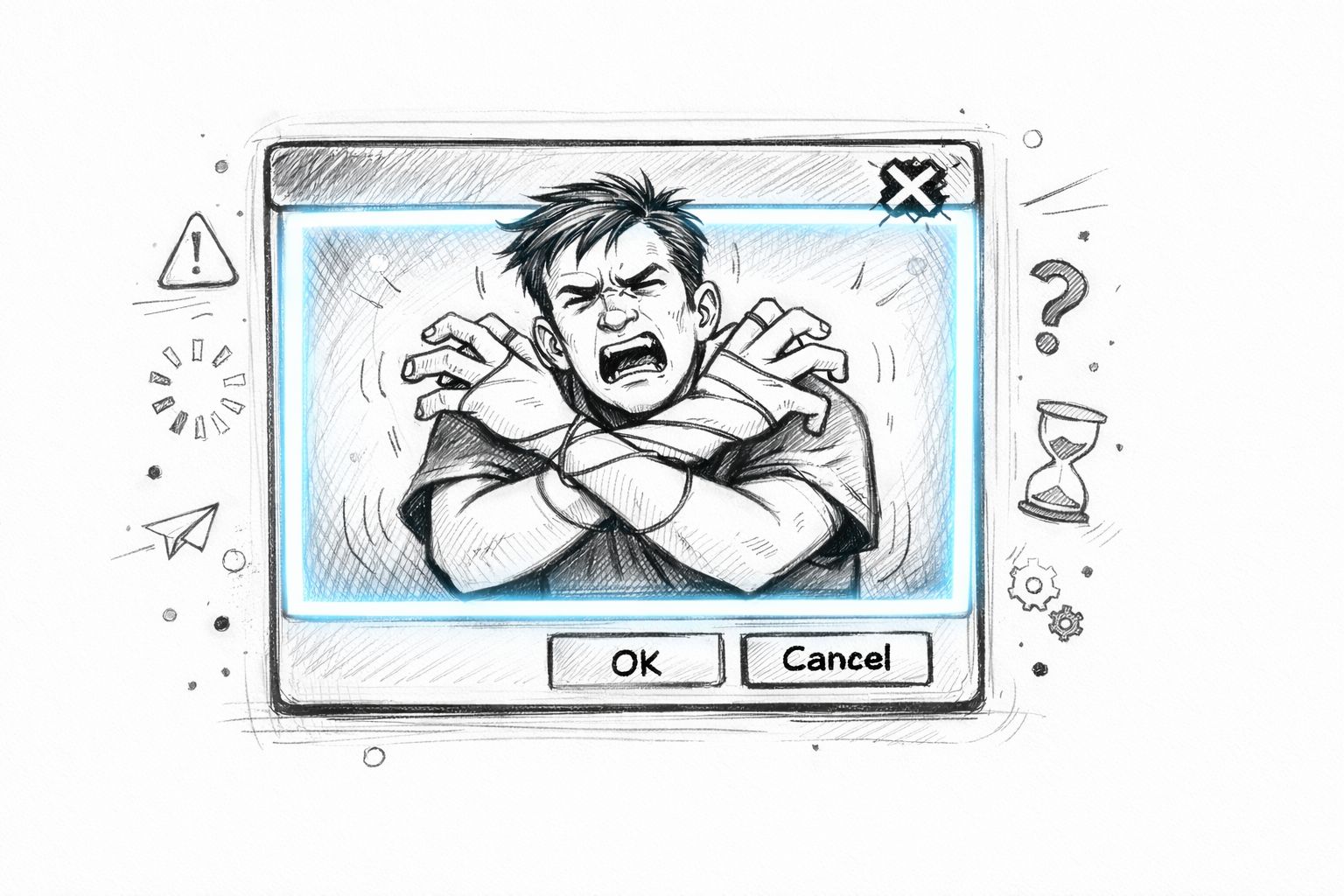 A hand-drawn sketch of a frustrated man trapped inside a computer modal dialog box with error symbols.