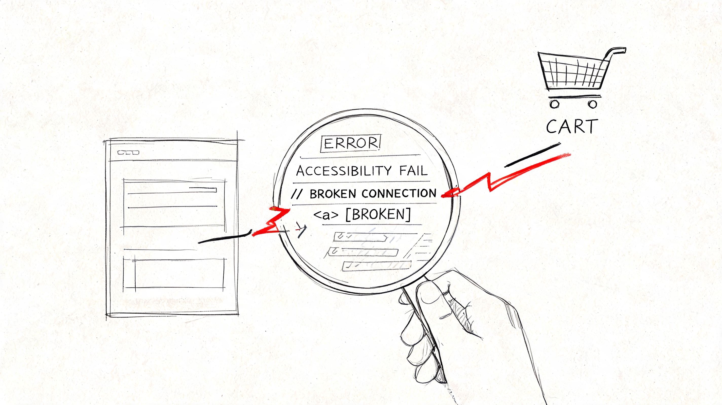 A hand holding a magnifying glass over a website layout, highlighting an accessibility failure and broken connection error.