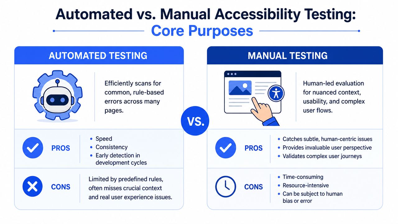 A comparative chart showing the core differences between automated and manual web accessibility testing methods.
