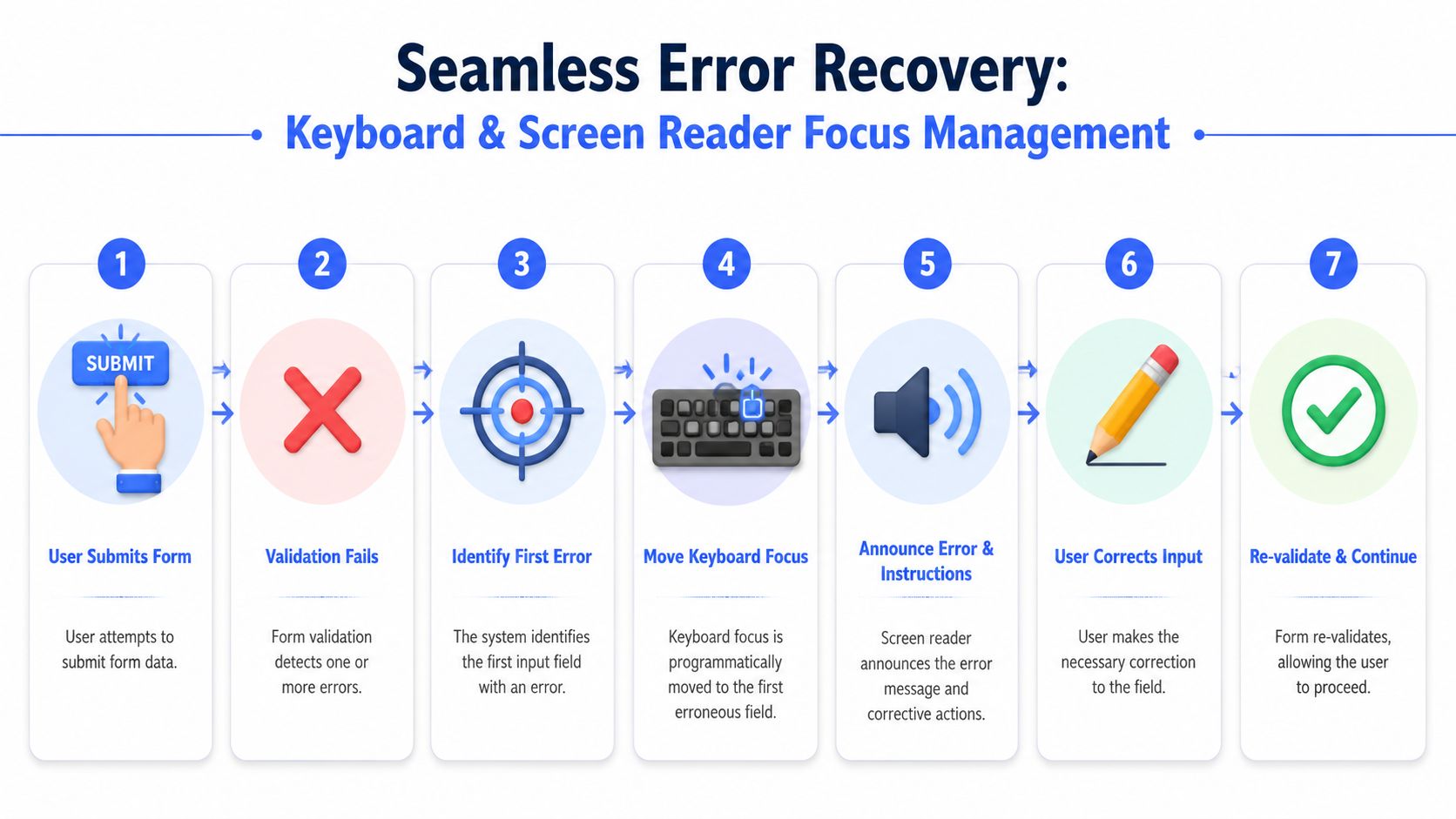 A seven-step flowchart detailing the process of managing accessible form error recovery with screen reader focus.