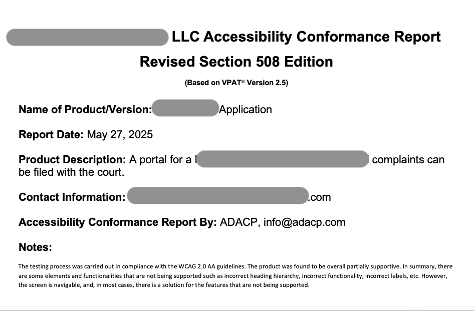 Cover page of a Section 508 Accessibility Conformance Report based on VPAT 2.5, completed by ADACP with client details redacted