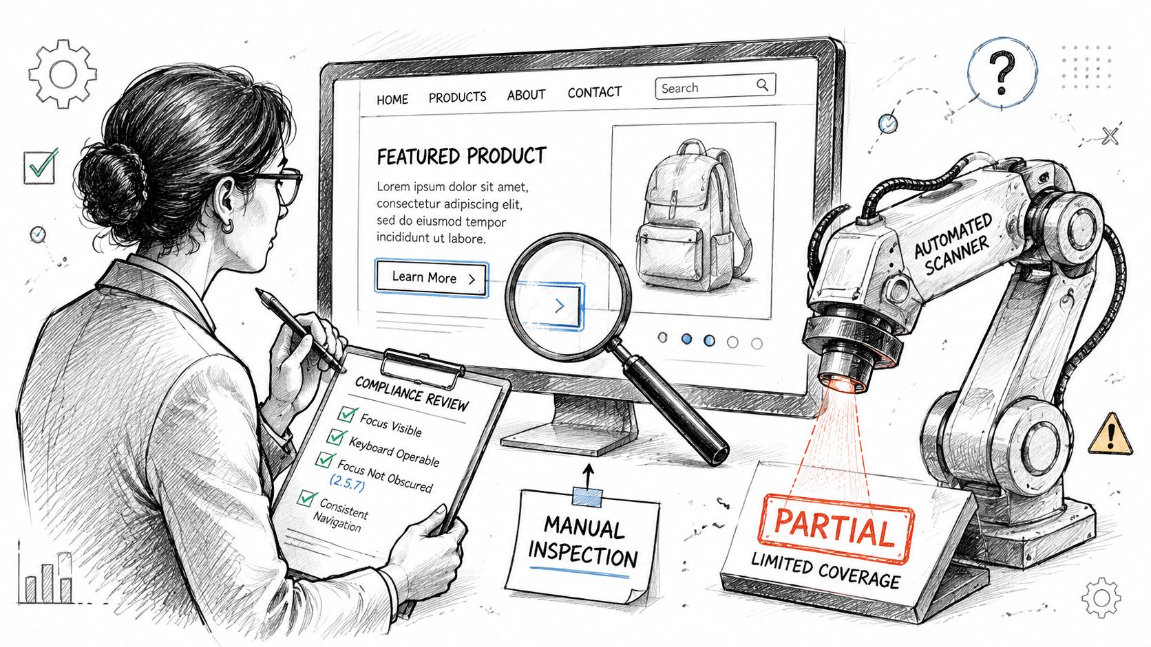 A professional conducting a WCAG 2.5.7 accessibility audit with manual inspection and an automated scanner tool.