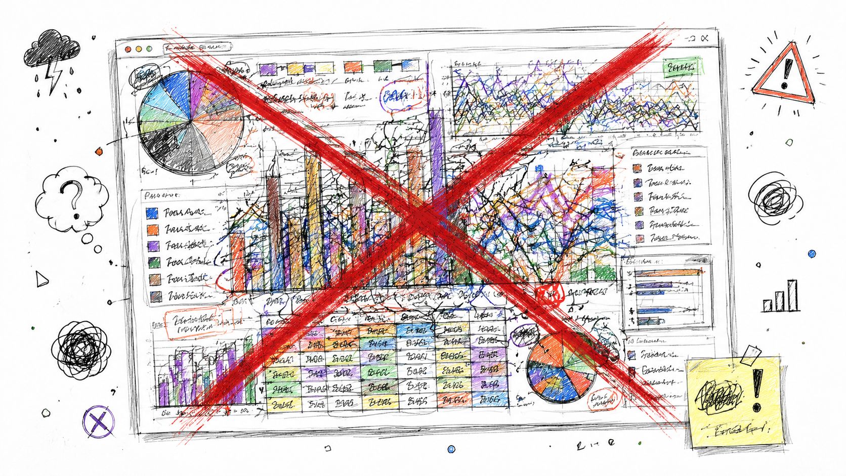 A hand-drawn sketch of a chaotic data dashboard covered by a large red X sign.
