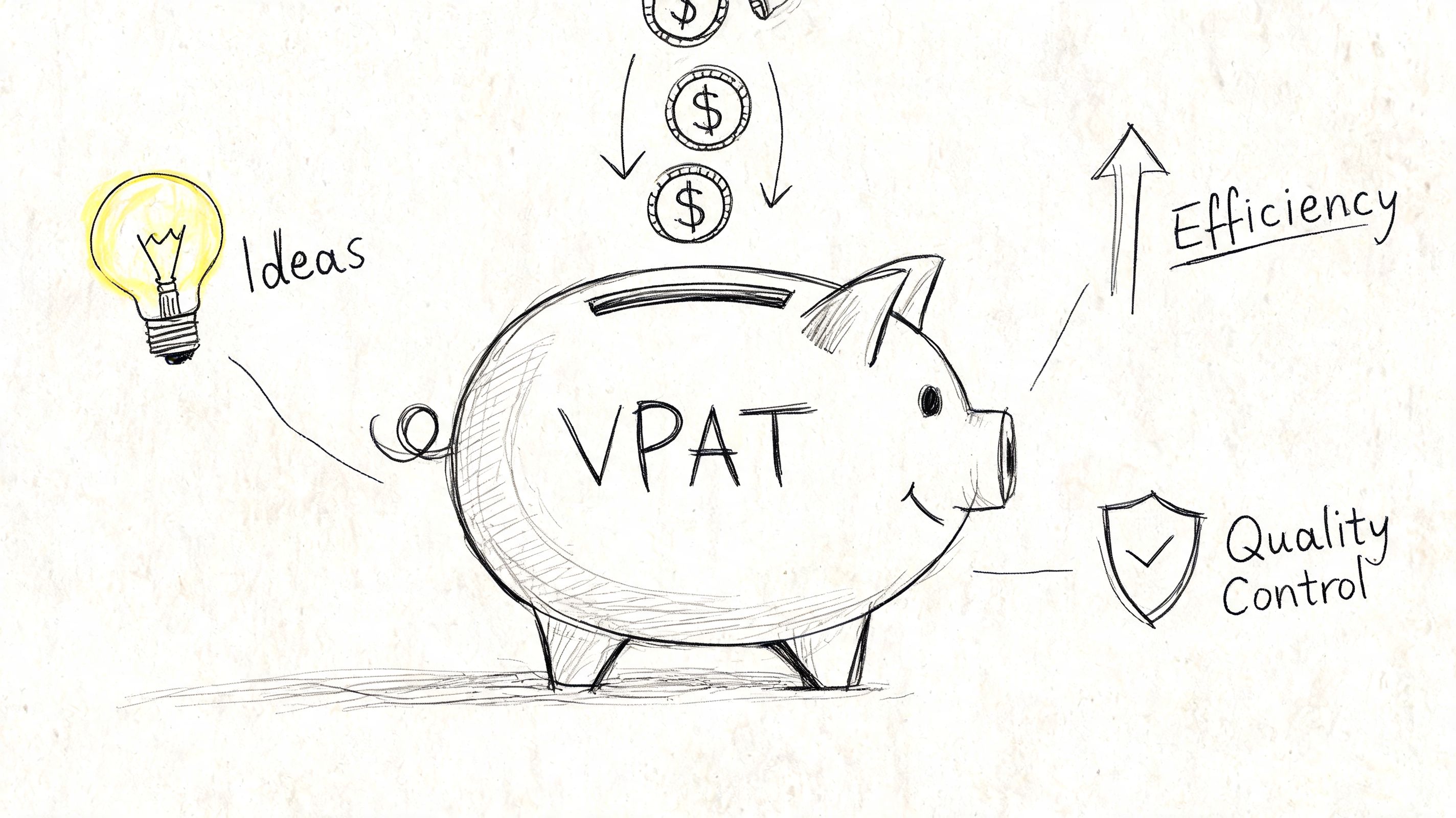 A hand-drawn sketch of a piggy bank labeled VPAT with coins, ideas, efficiency, and quality control symbols.