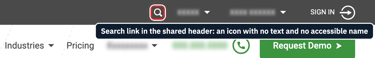 A site's dark utility bar with a magnifying-glass icon, two menu labels and a Sign in link, above the main navigation. A red outline added for this article marks the magnifying glass, a search link with no text and no accessible name.