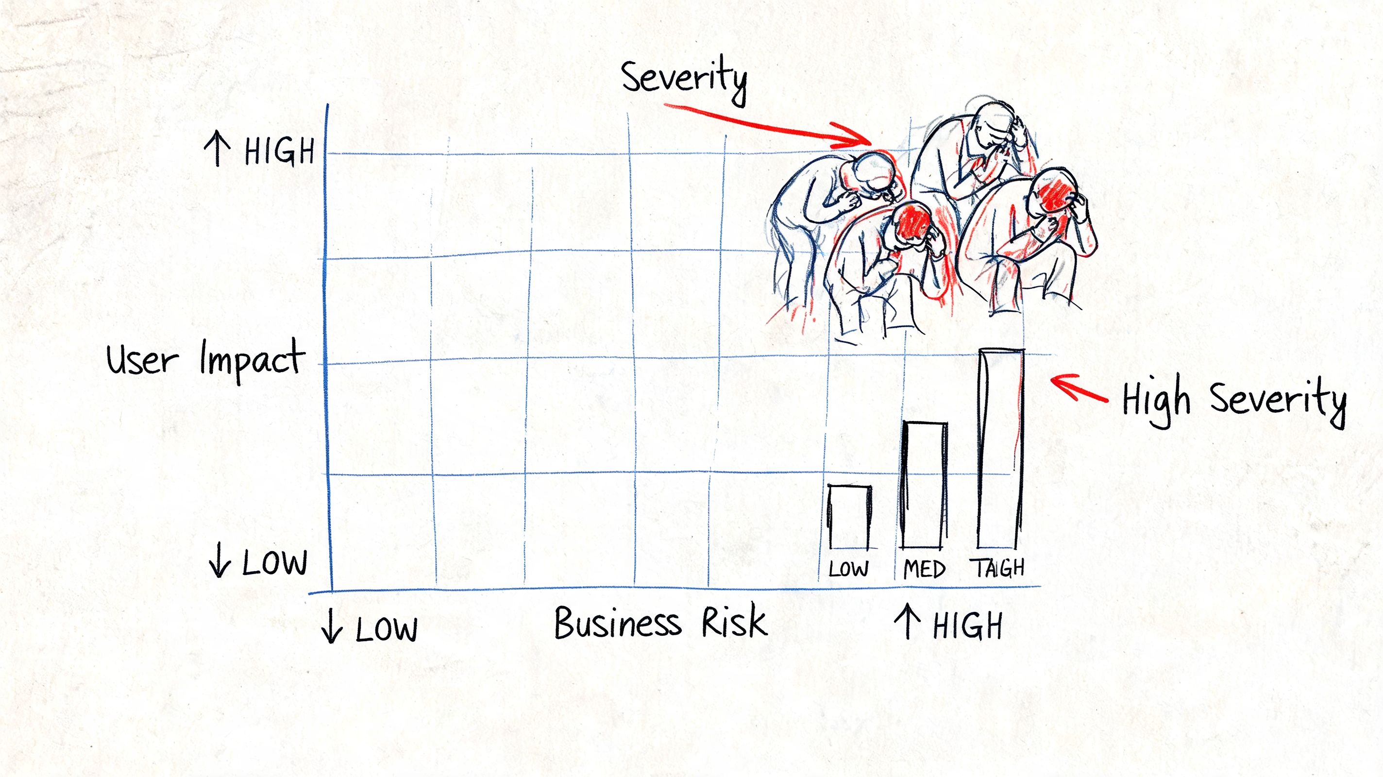 A hand-drawn chart showing a correlation between high user impact, business risk, and high severity incidents.