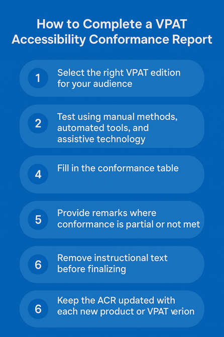 Infographic of six steps to complete a VPAT ACR, from selecting the right edition to keeping the report updated