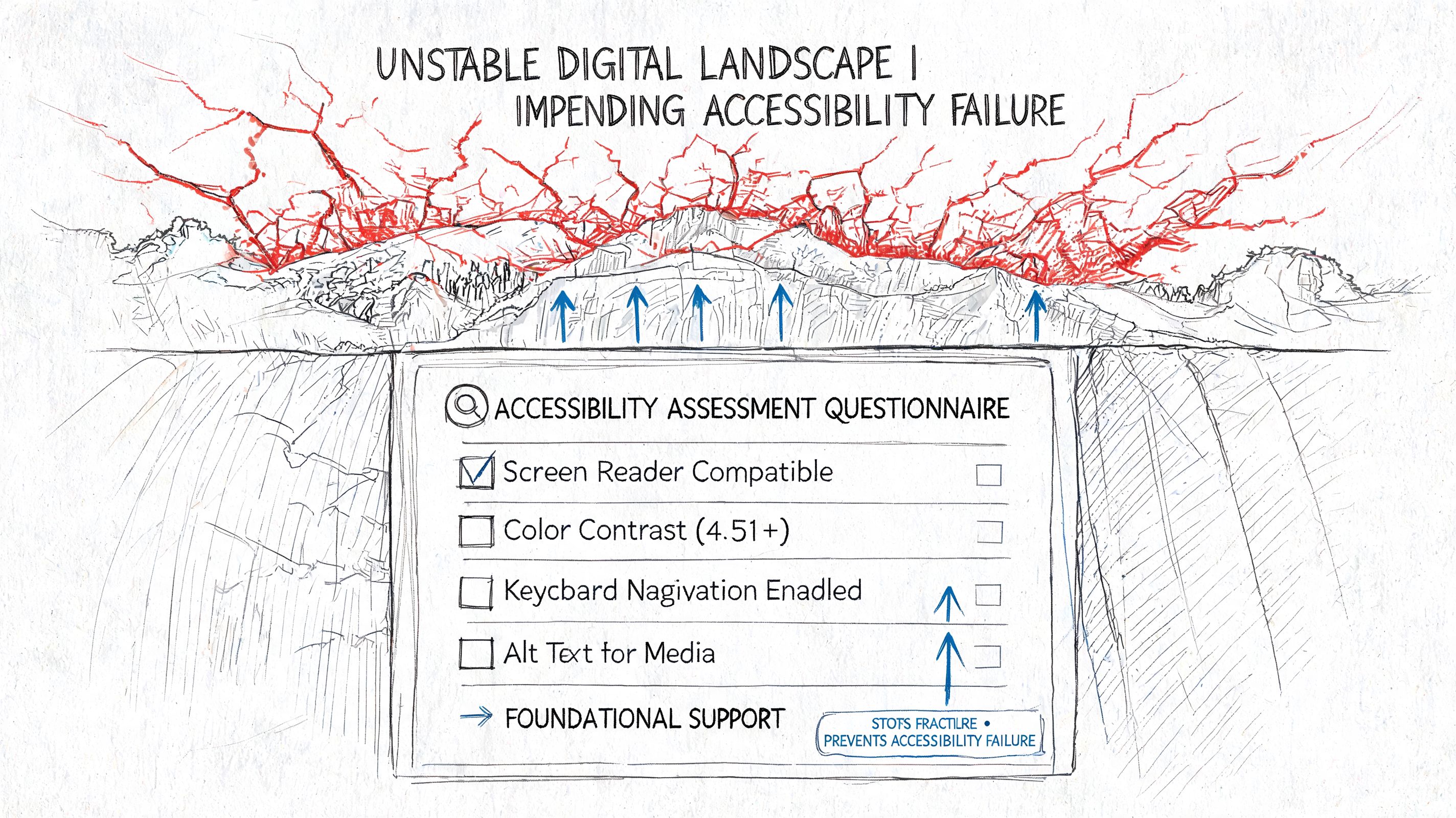 A hand-drawn illustration showing a digital landscape with cracks, labeled as an accessibility failure assessment questionnaire.