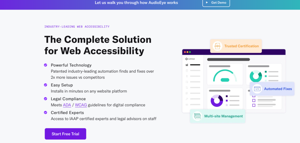 AudioEye homepage highlighting automated fixes, easy setup, legal compliance, and certified experts