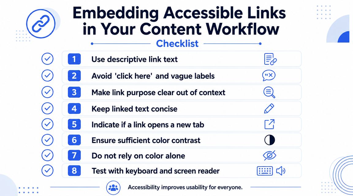 An infographic checklist outlining eight essential steps for creating accessible web links for better usability.