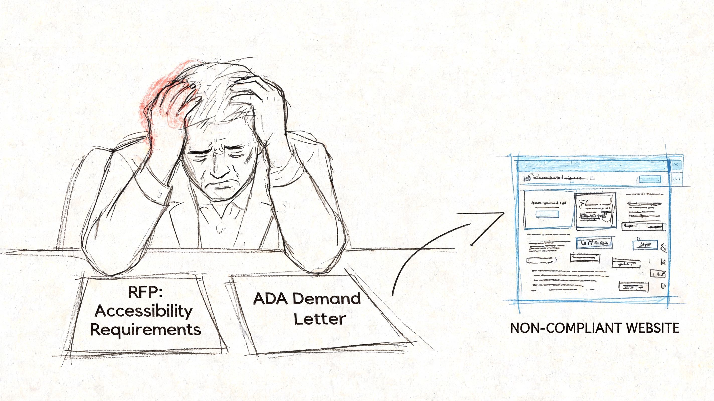 A frustrated professional sitting at a desk looking at accessibility requirements and an ADA demand letter.