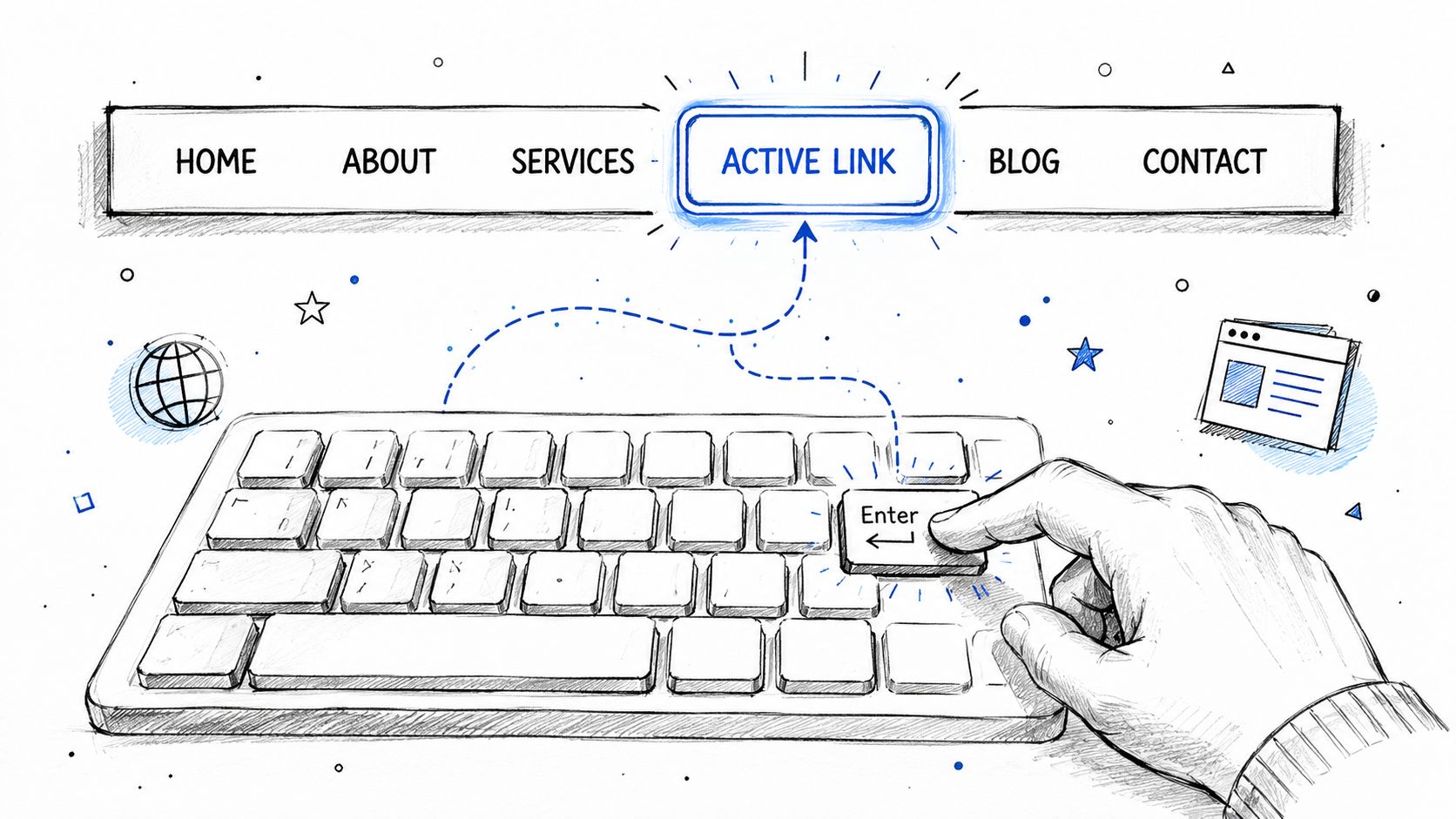 A hand pressing the Enter key on a keyboard to activate a link in a website navigation menu.