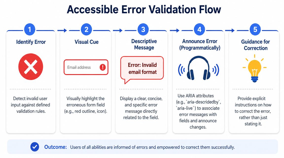 A diagram illustrating the five-step process for creating an accessible error validation flow in web forms.