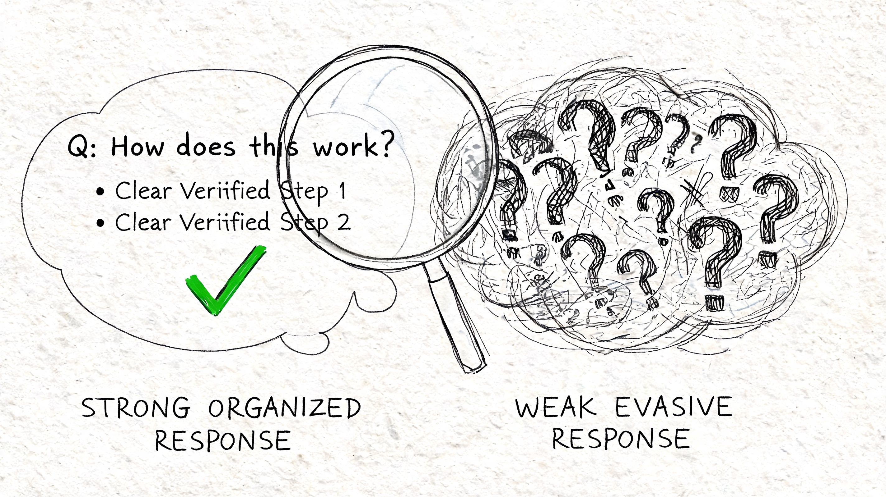 A diagram contrasting a clear, organized response against a messy, evasive response full of question marks.
