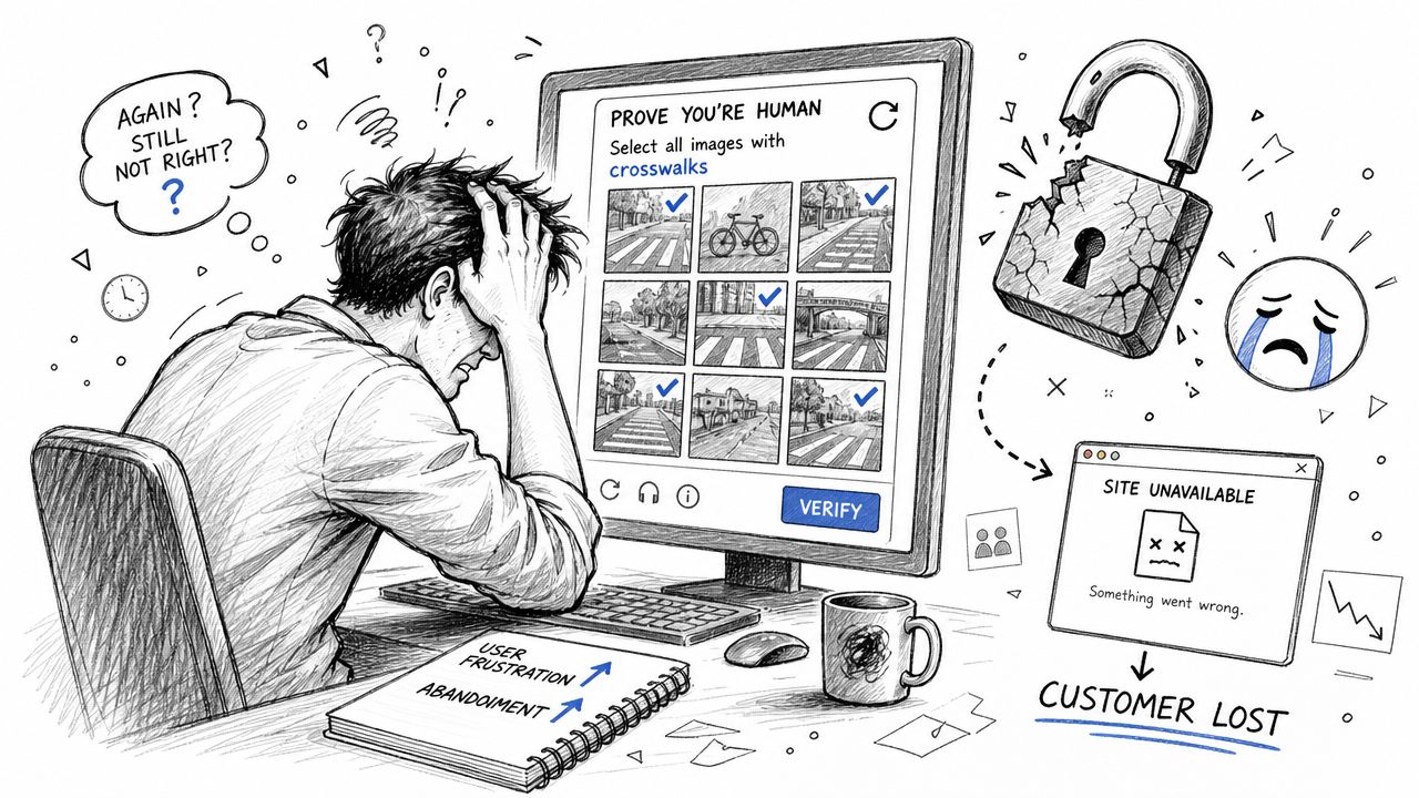 A frustrated user struggling to complete a challenging crosswalk captcha on a computer screen.