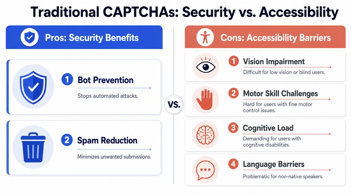 A comparison chart showing security pros and accessibility cons of using traditional CAPTCHAs on websites.