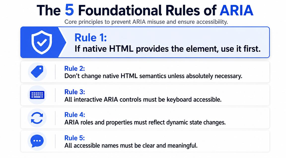 An infographic titled The 5 Foundational Rules of ARIA, listing five accessibility guidelines for developers to follow.