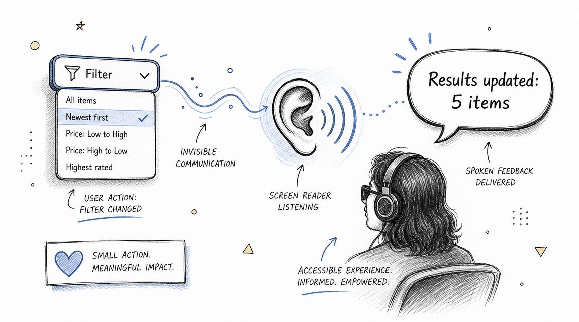 A hand-drawn illustration showing a screen reader informing a user about updated search results after applying filters.