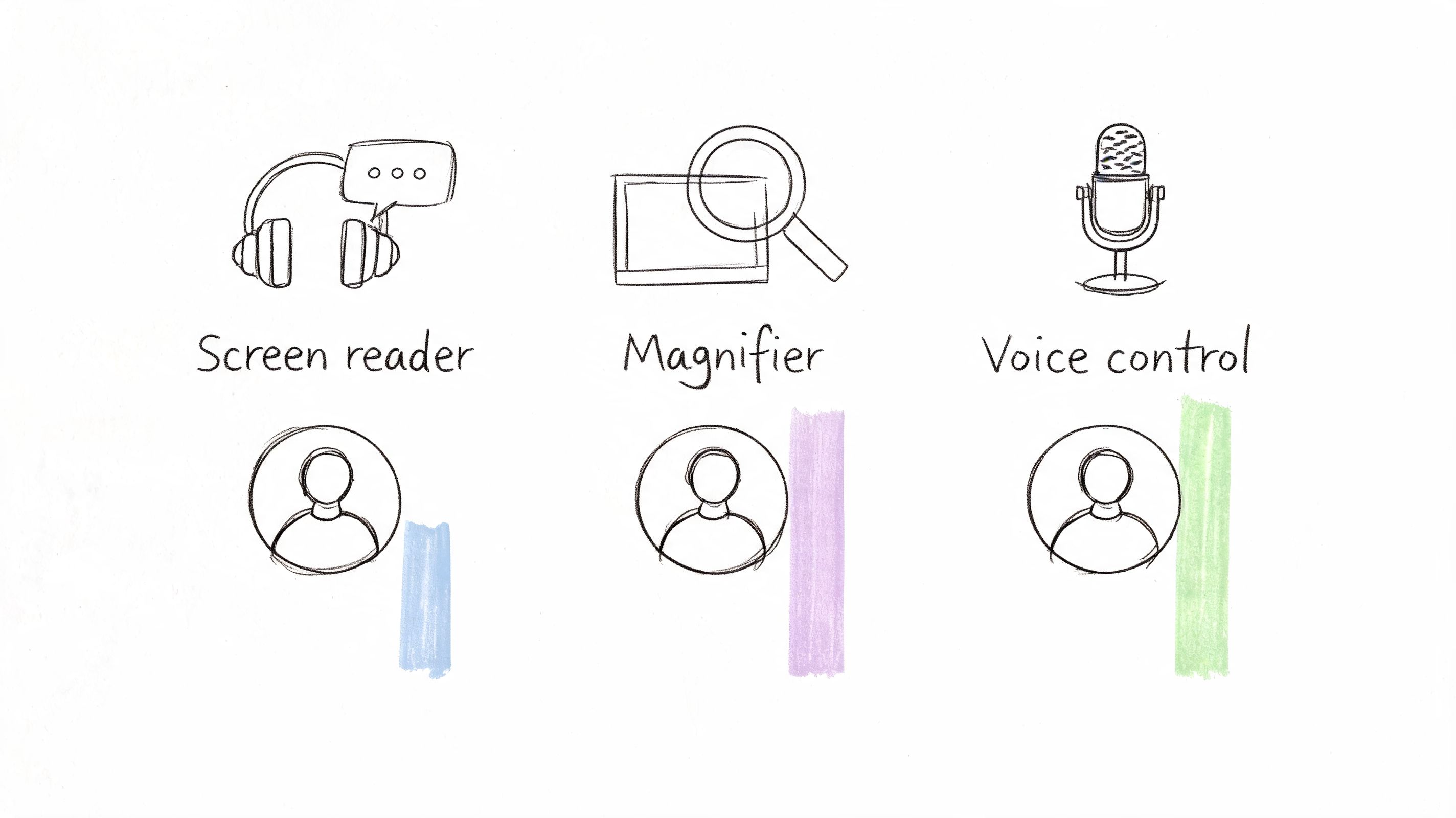 Three icons representing accessibility tools: screen reader, magnifier, and voice control, with corresponding user profile silhouettes below.