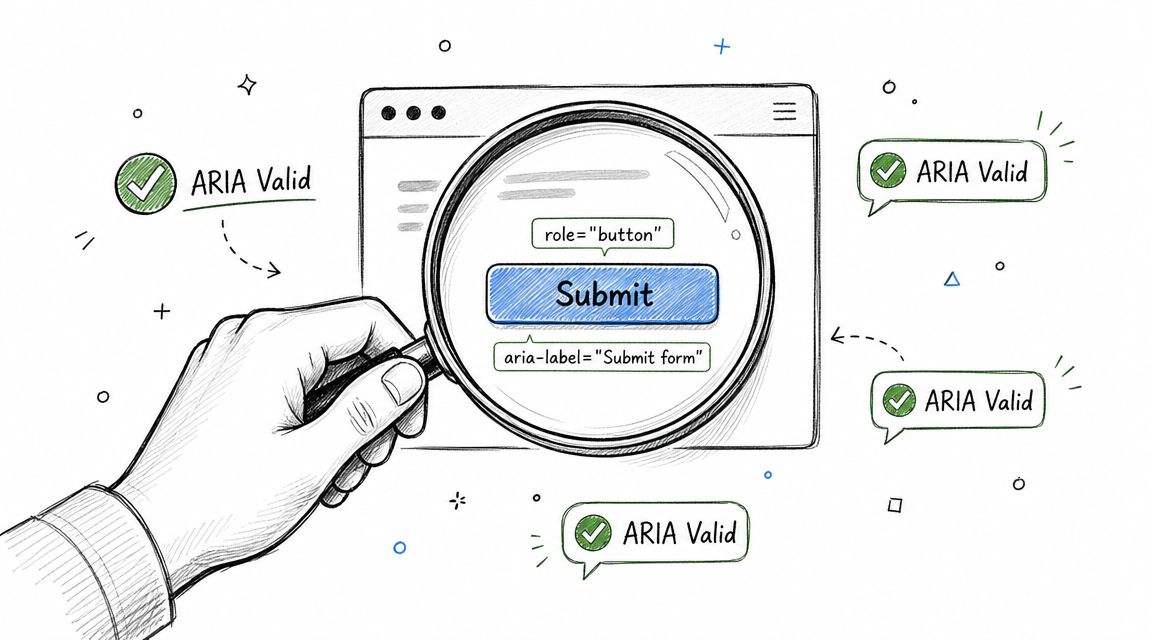 A hand holding a magnifying glass over a button labeled Submit with ARIA attributes shown.