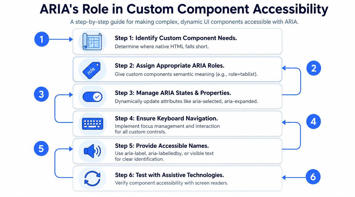 A six-step infographic guide detailing best practices for implementing ARIA accessibility in custom web UI components.