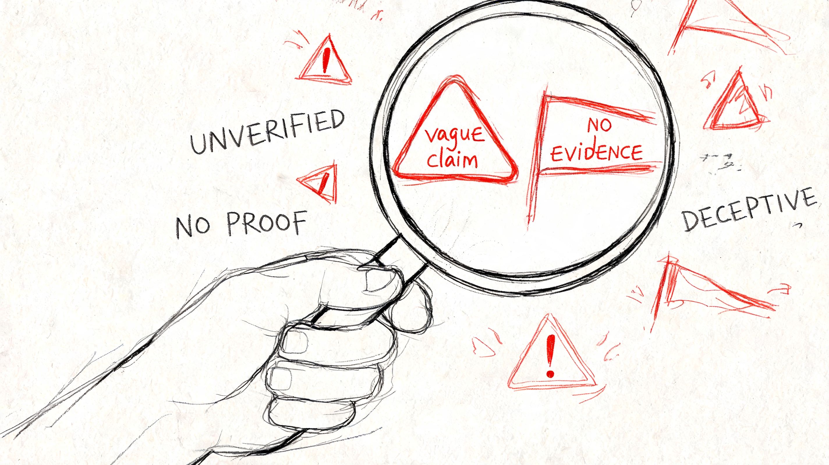 A hand holding a magnifying glass over a vague claim and no evidence red flag warning signs.