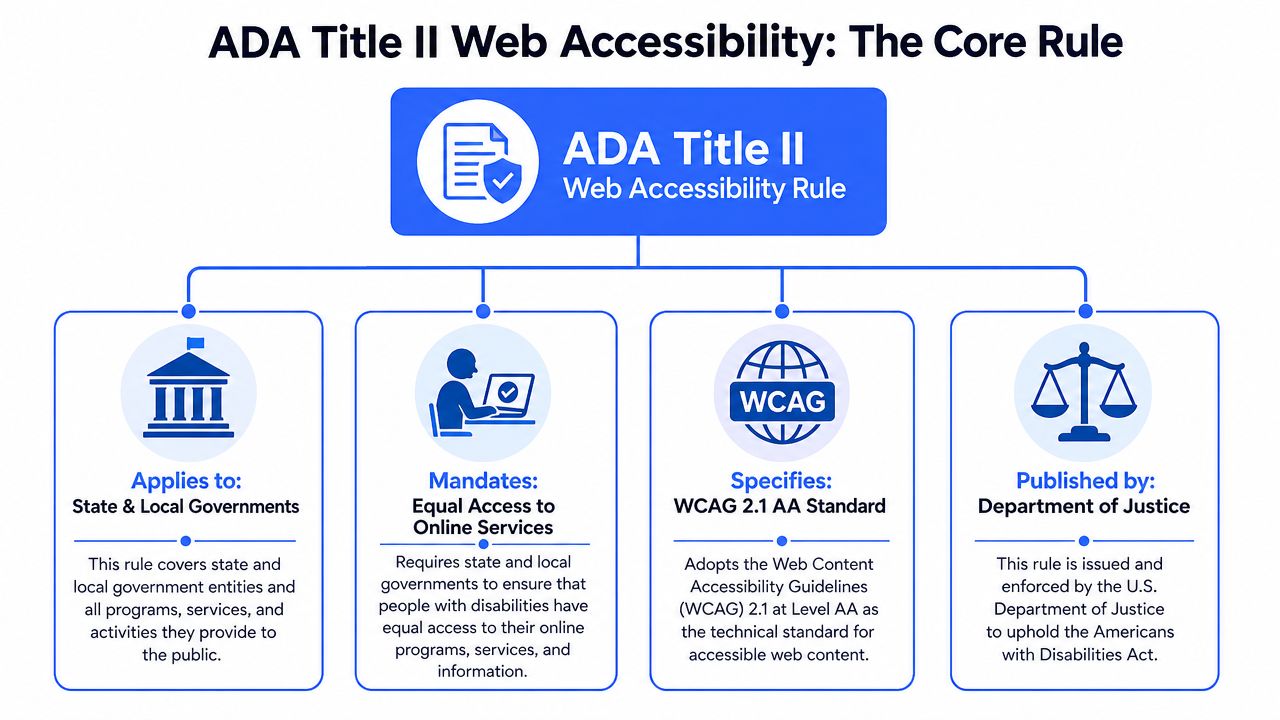An infographic detailing ADA Title II Web Accessibility rules for state and local government entities.