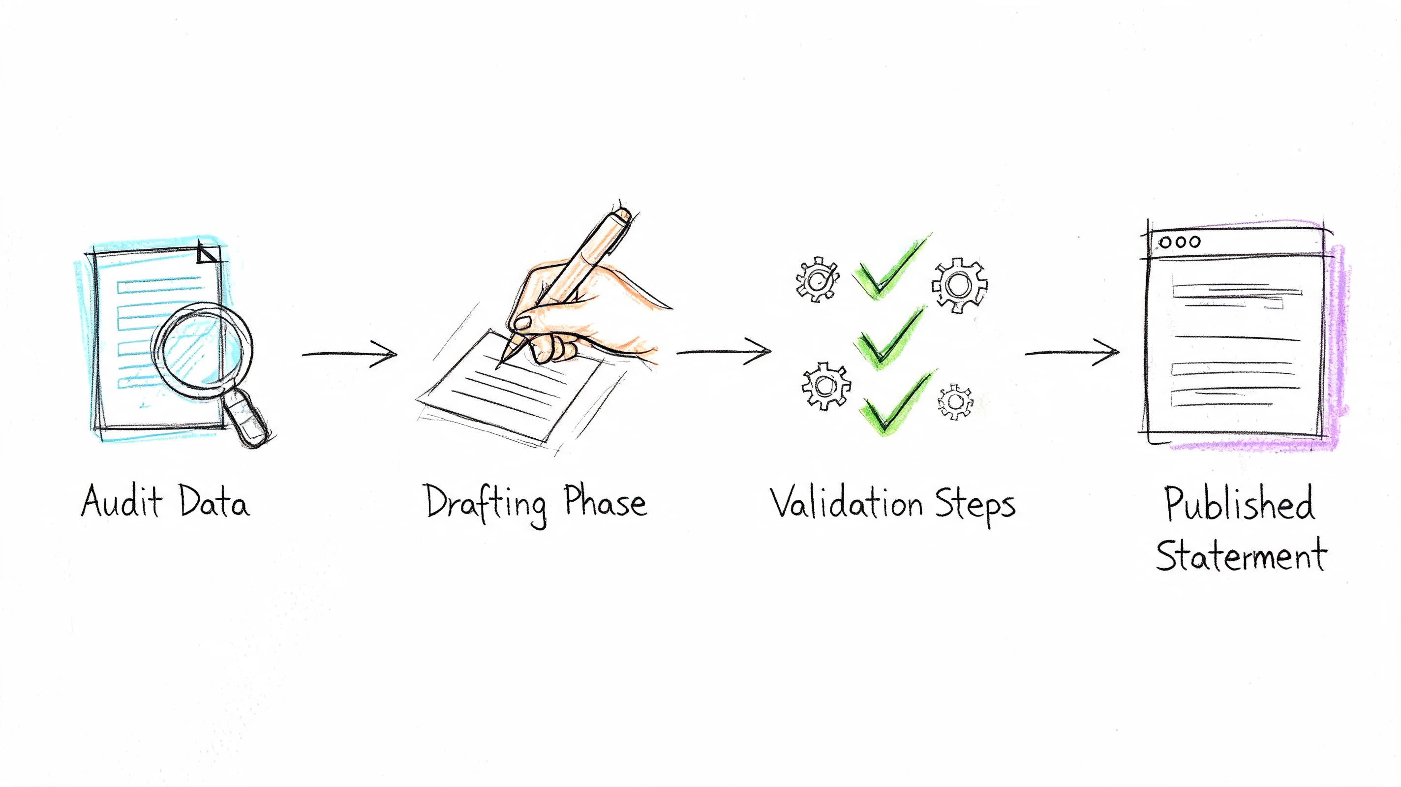 A hand-drawn process flow chart illustrating the four steps from auditing data to publishing a statement.