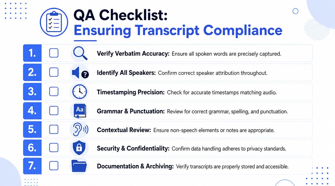 A professional checklist outlining seven key steps for ensuring accuracy and compliance in audio transcripts.