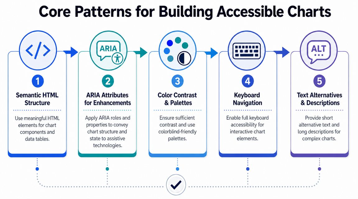 An infographic titled Core Patterns for Building Accessible Charts outlining five essential steps for web accessibility.