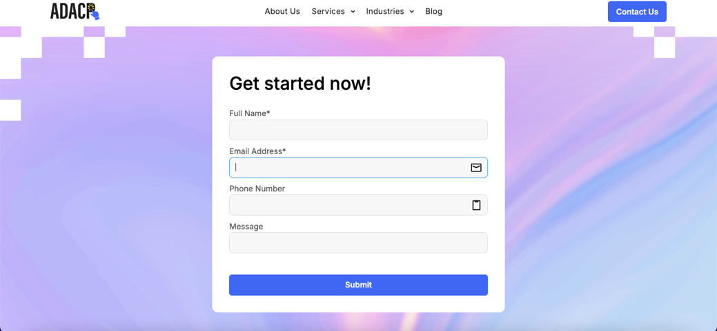 ADACP Get started now contact form with keyboard focus on the Email Address field, reached using the Tab key