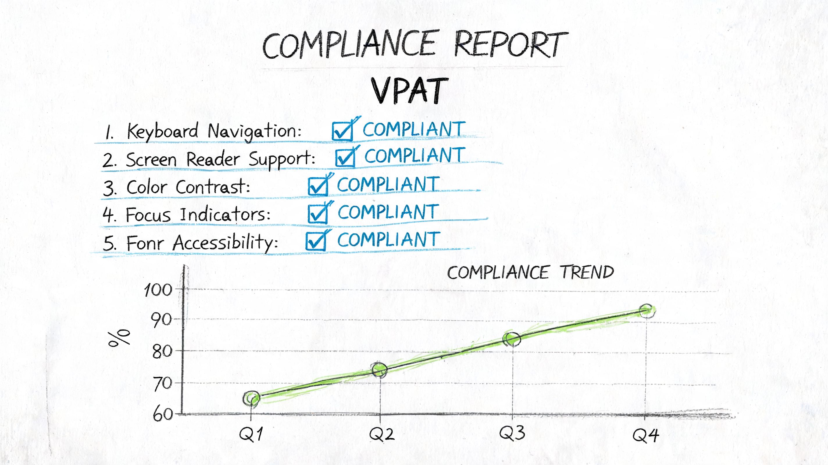 A hand-drawn report showing compliance checklist items and an upward trending line graph for accessibility.