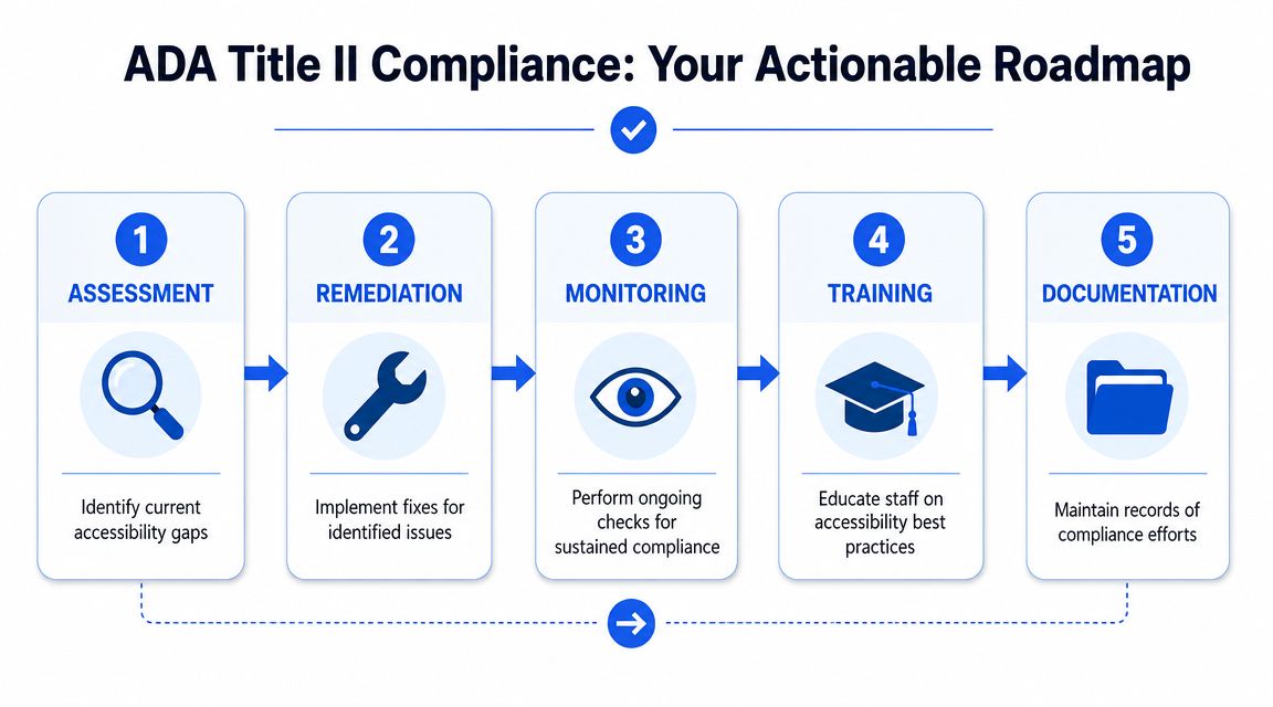 A five-step roadmap infographic for ADA Title II web accessibility compliance illustrating assessment through documentation.