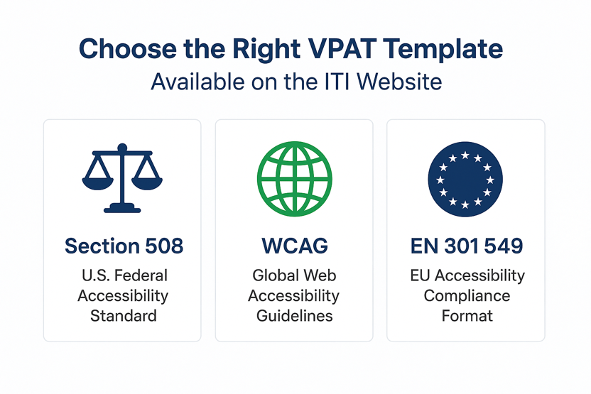 Infographic of three VPAT template editions on the ITI website: Section 508, WCAG, and EN 301 549