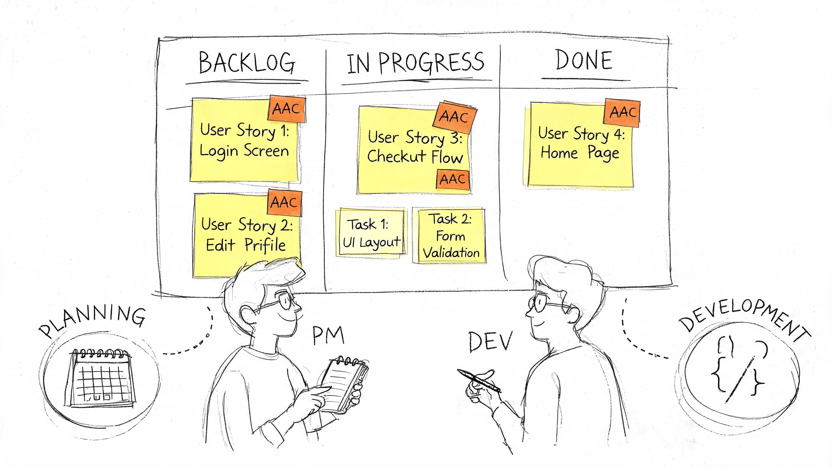 A hand-drawn illustration showing a project management Kanban board with a product manager and developer.