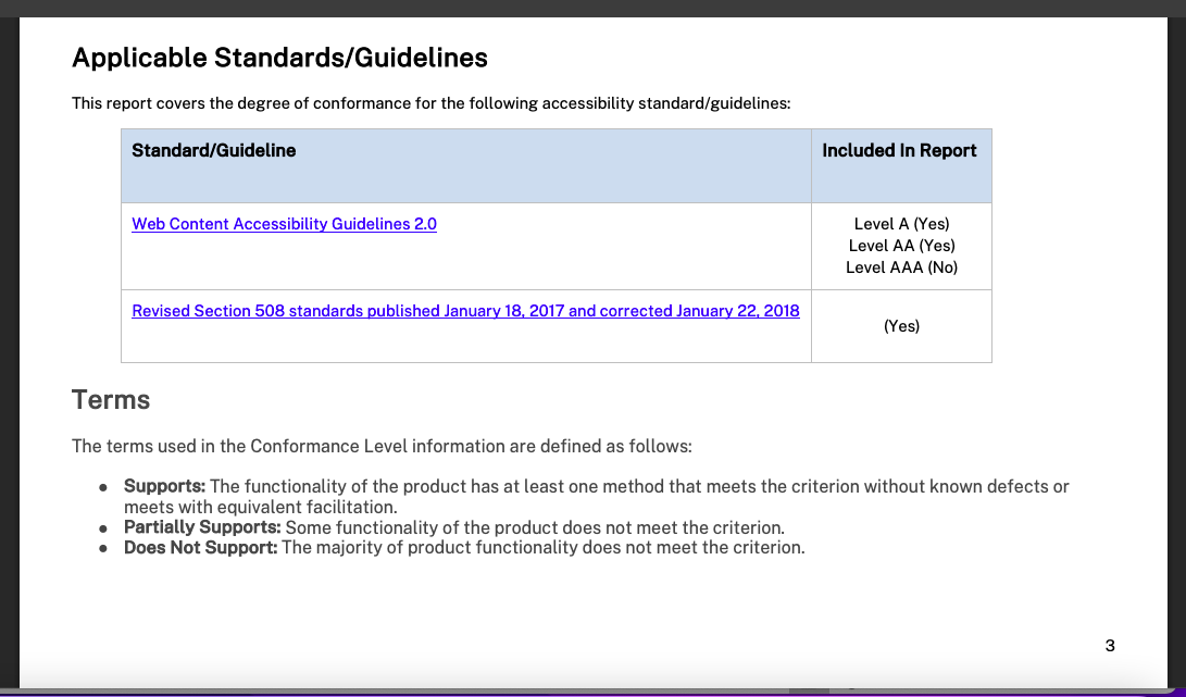 VPAT ACR page listing applicable standards (WCAG 2.0, Revised Section 508) and conformance level term definitions
