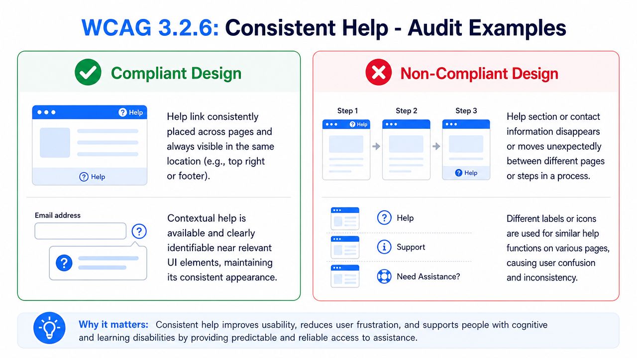 A guide illustrating WCAG 3.2.6 compliance for consistent help, comparing compliant designs with non-compliant layout examples.