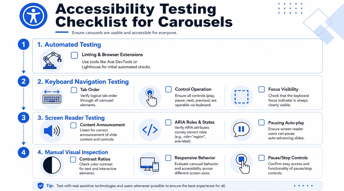 A checklist infographic outlining four key steps for ensuring web accessibility in carousels and sliders.