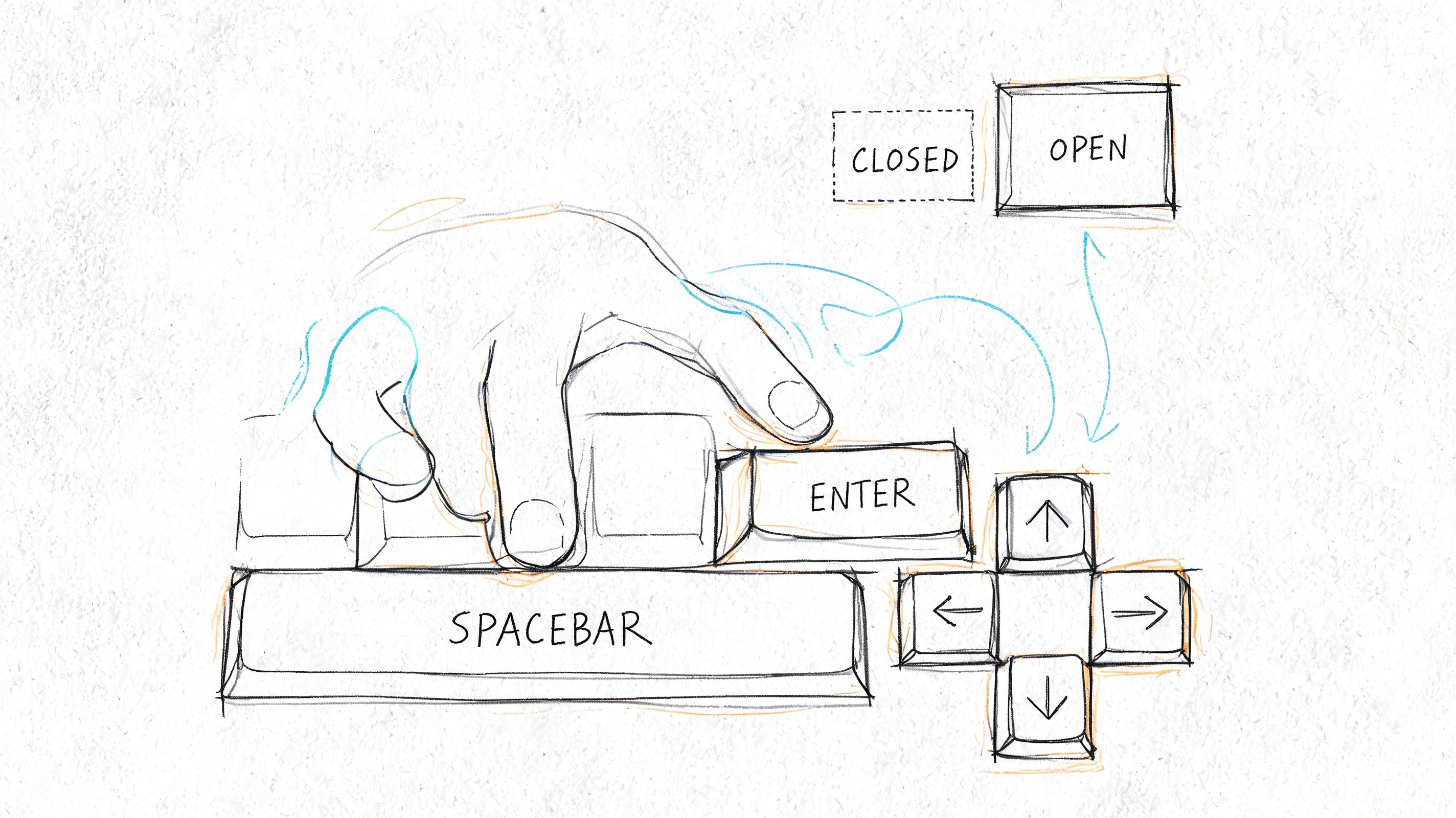 A pencil sketch of a hand pressing the enter key on a keyboard to open content.