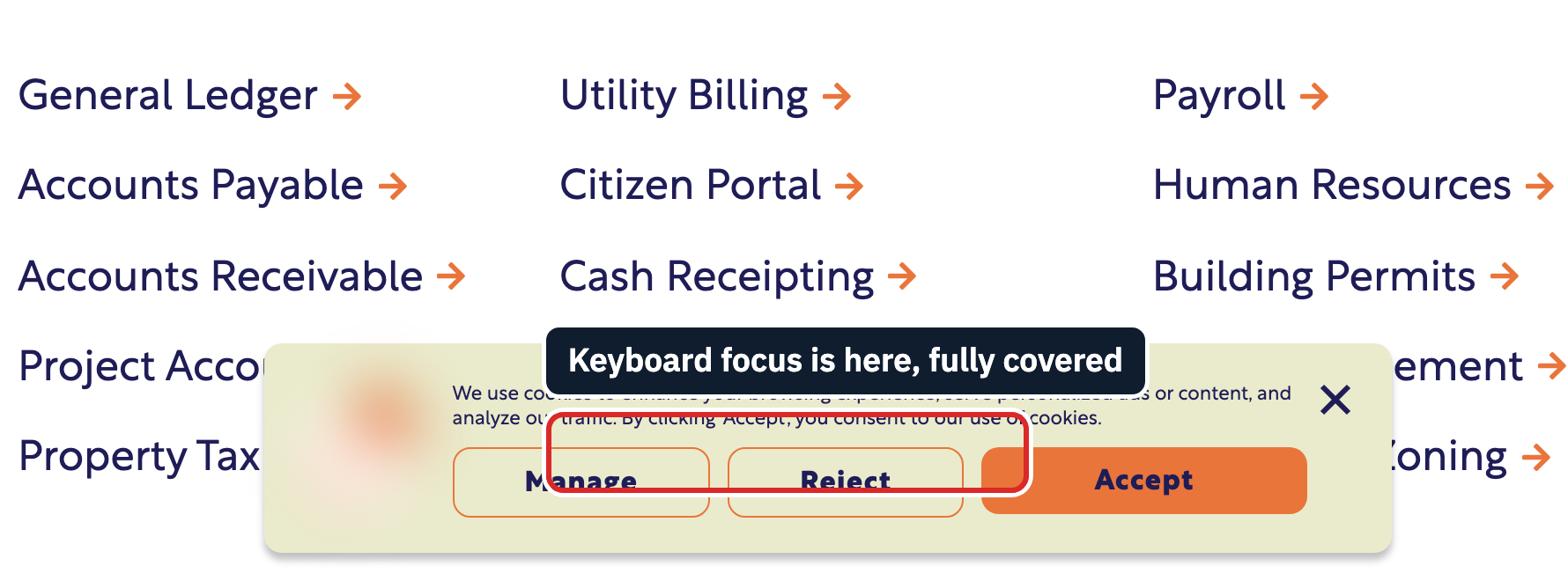 A cookie banner with Manage, Reject and Accept buttons covers the lower part of a list of product links; a red outline drawn over the banner, across the Manage and Reject buttons, marks where the focused link sits, hidden entirely by the banner.